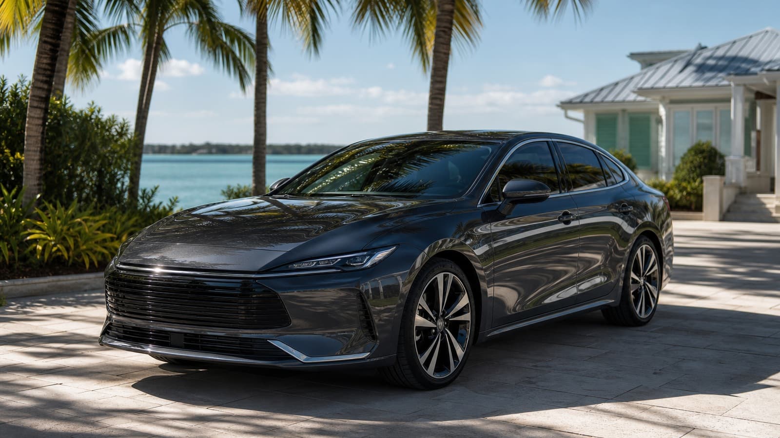 Clean dark sedan parked under palms in a Florida Keys driveway with no washing equipment visible