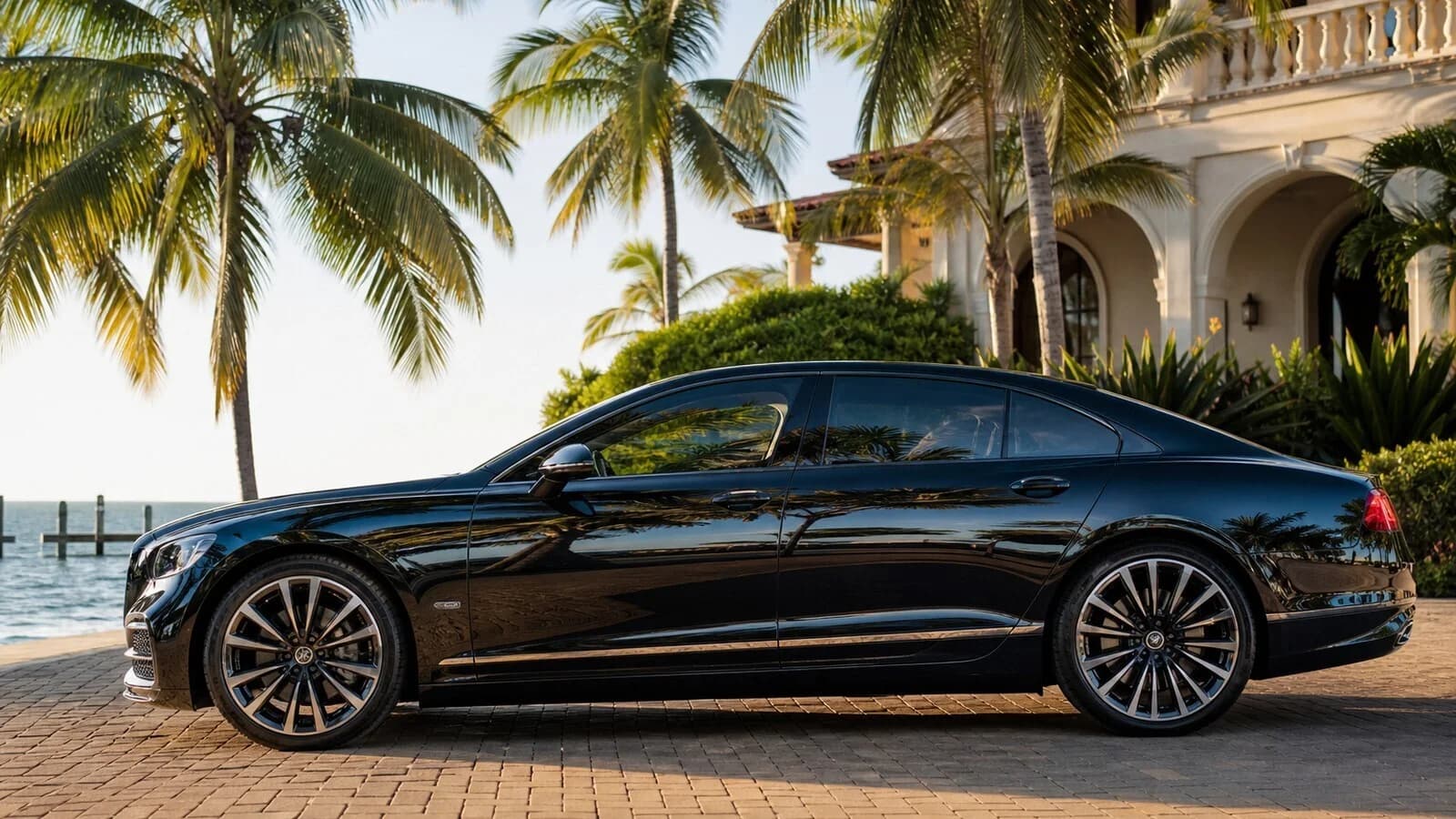 High-end luxury sedan with deep glossy black paint and mirror reflections, parked at a Florida Keys waterfront estate with palm trees