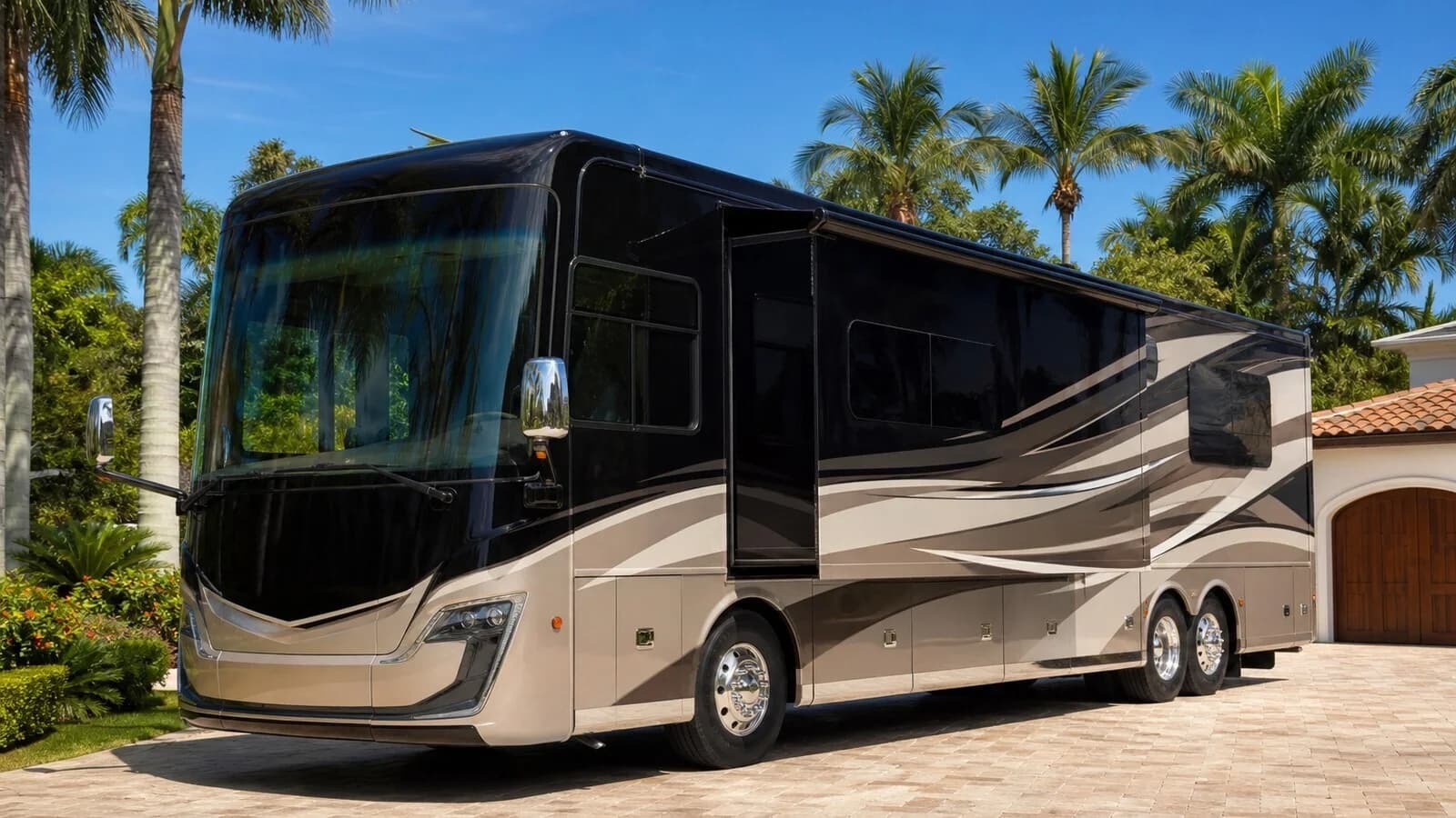 Unbranded premium Class A motorcoach with slide-out fully extended, parked at a Florida Keys estate with palm trees and blue sky