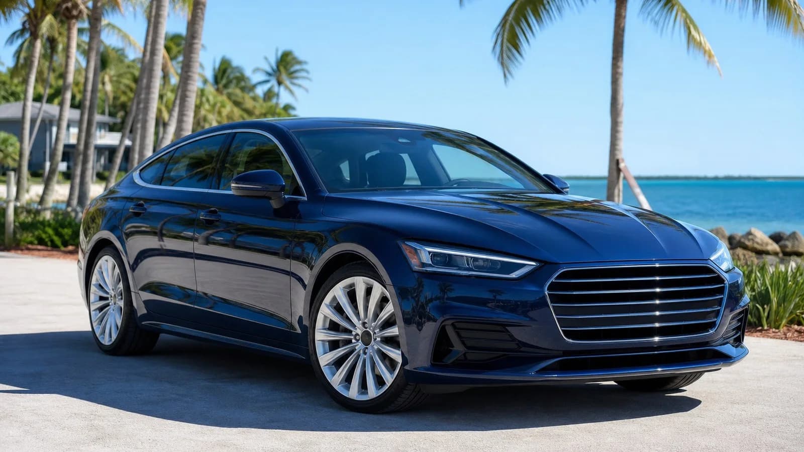 Generic dark navy luxury sedan with a deep mirror-like ceramic-coated finish parked in a Florida Keys tropical setting