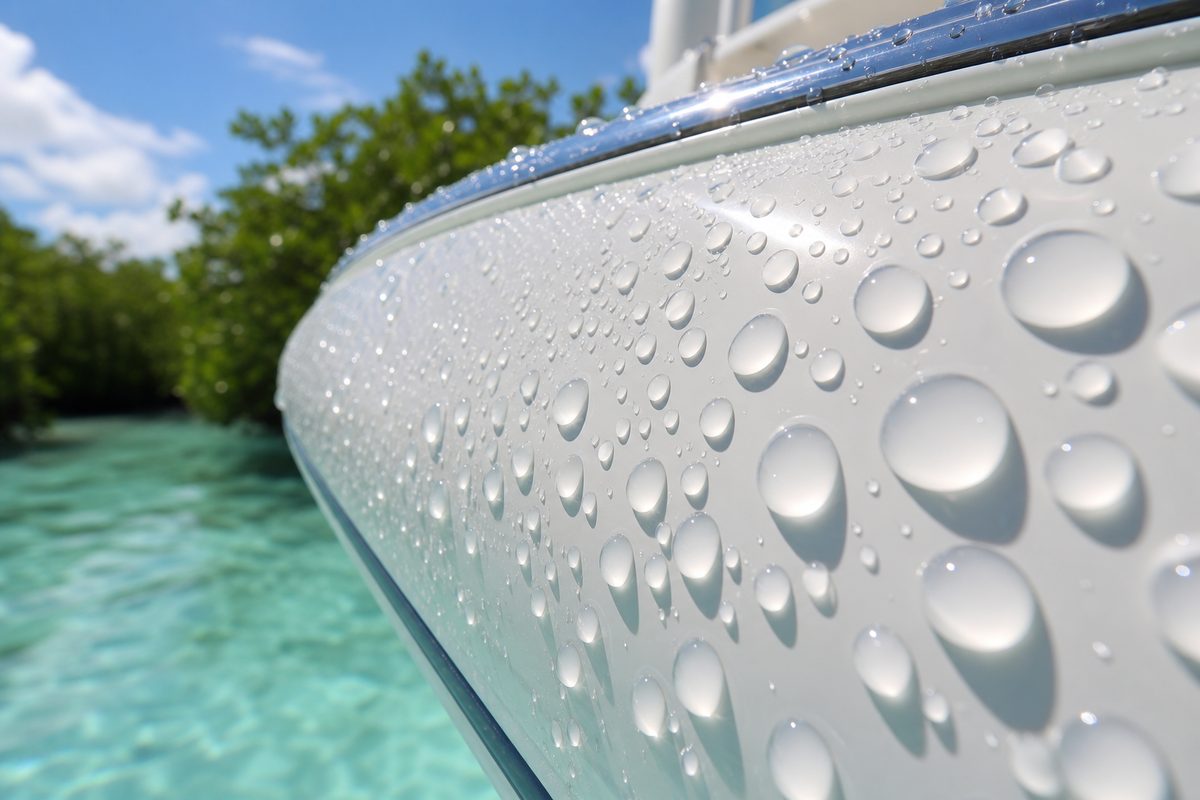 Water beading on ceramic-coated boat hull at Florida Keys marina, mirror-like hydrophobic surface