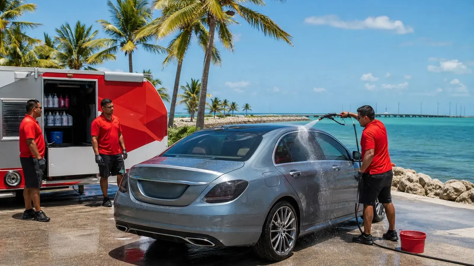 Leoserve team car detailing in Marathon FL with red shirts and red-white truck near turquoise water. 