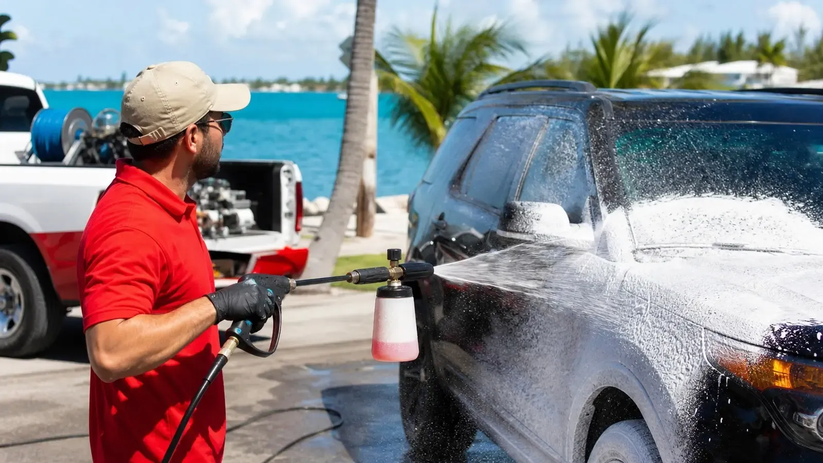 Técnico de Leoserve en una camisa roja aplicando jabón de cañón de espuma a un exterior de coche en Stock Island, Cayos de Florida