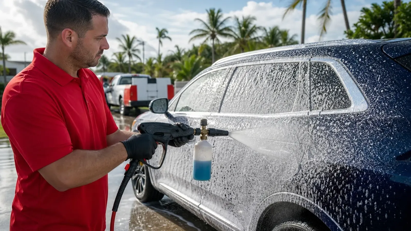 Leoserve technician applying foam-cannon soap during a post-storm Florida Keys car wash