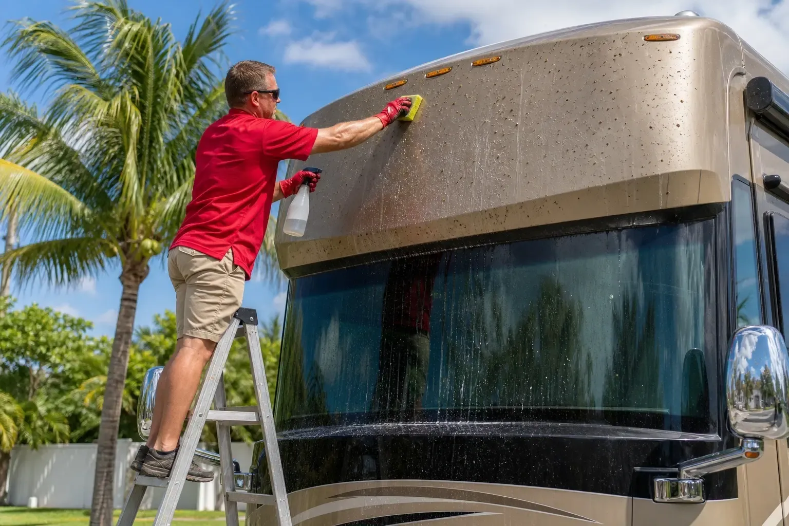 Hand bug removal on the front cap: red-shirt technician, purpose-designed sponge, solution, and A-frame ladder. No foam cannon shown.