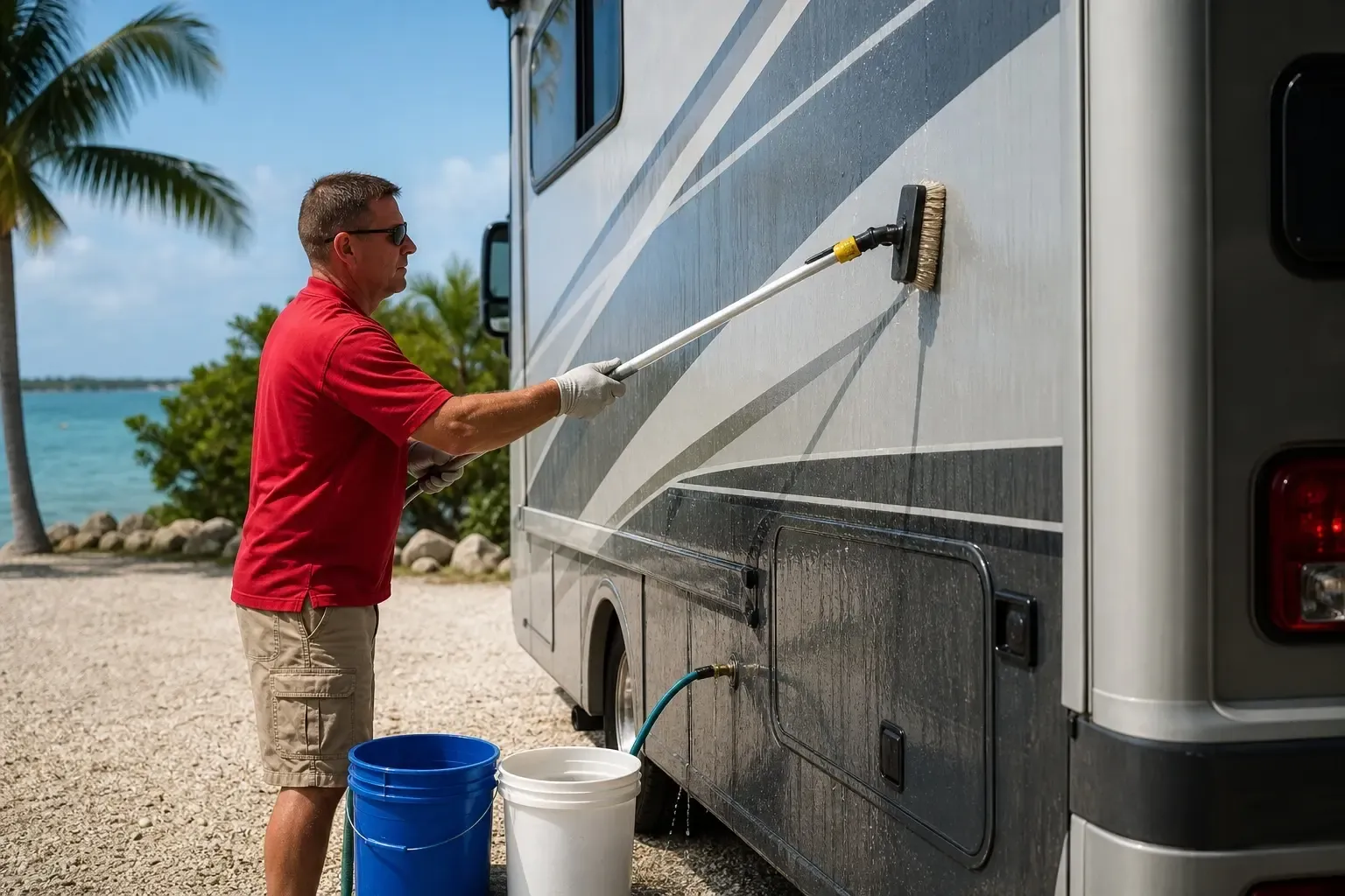 Section-by-section hand washing: red-shirt technician, soft brush, DI water, pH-neutral soap, buckets, and a constant rinse. No foam cannon shown.
