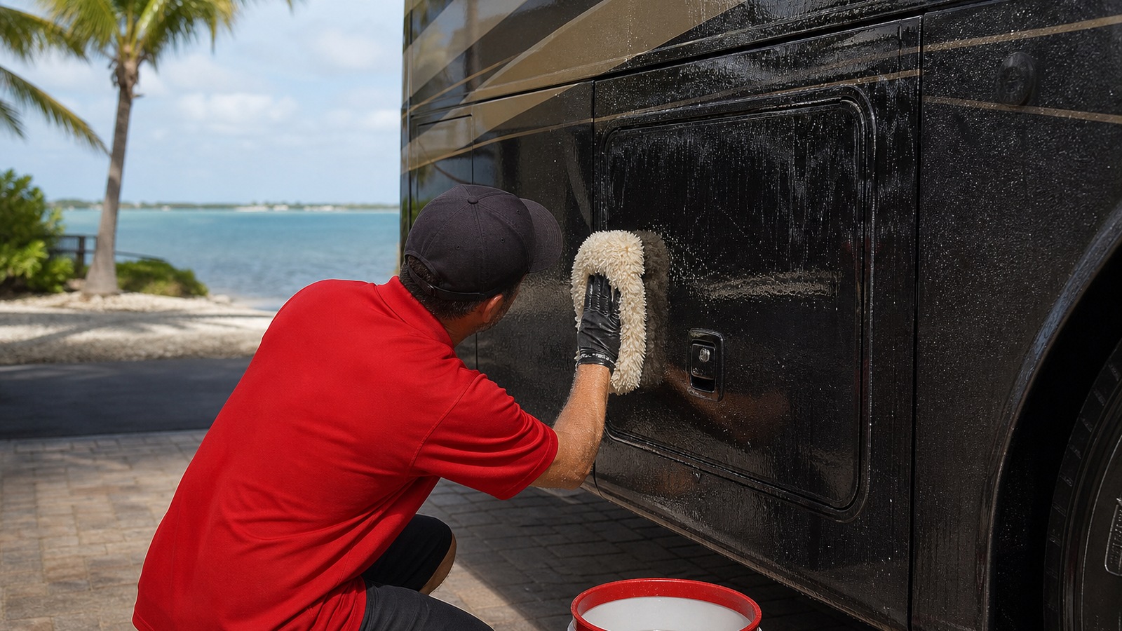 Technician in a solid red shirt hand-washes a wet Class A motorcoach storage door with a wool mitt beside a bucket