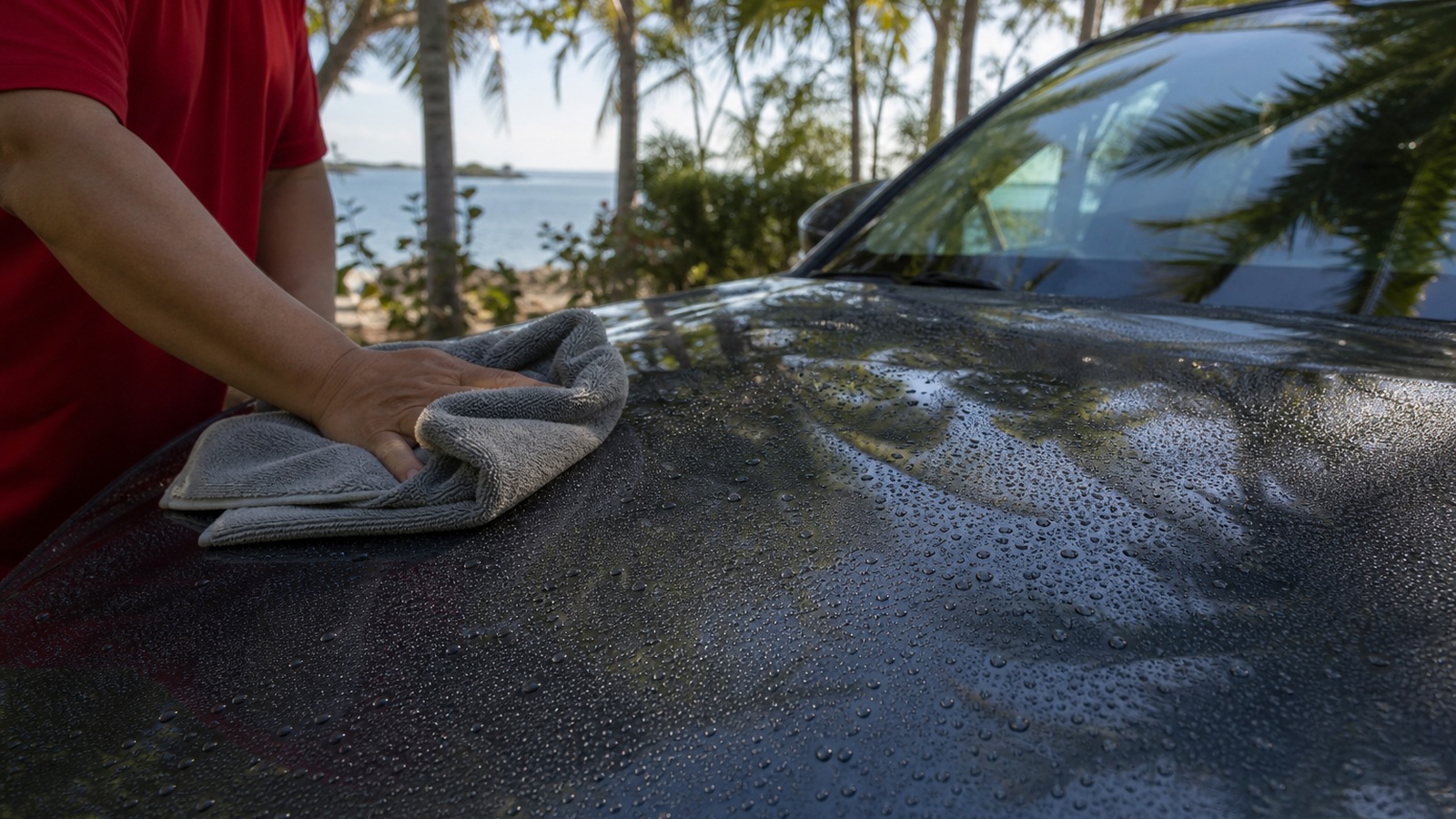 Technician in a solid red shirt lightly wipes water from a dark car hood after washing